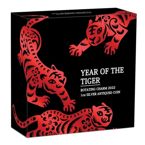 2022 Year Of The Tiger Rotating Charm 1oz Silver Antiqued Coin - Boxed View