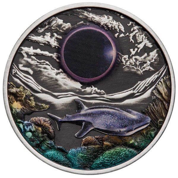 2023 $2 Ningaloo Eclipse 2oz Silver Antiqued Coloured Coin - Reverse View