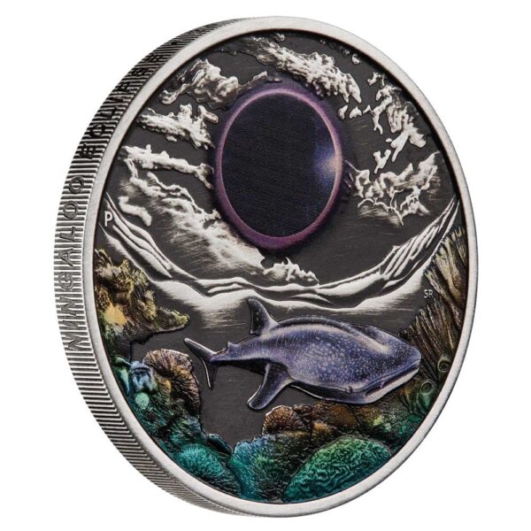 2023 $2 Ningaloo Eclipse 2oz Silver Antiqued Coloured Coin - Tilted Reverse View