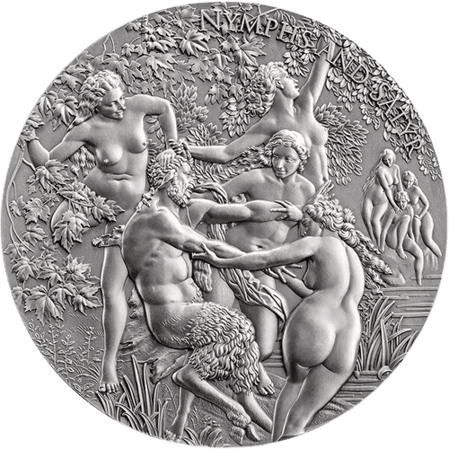 2023 Nymphs And Satyr 5oz Silver Antiqued High Relief Coin - Reverse View