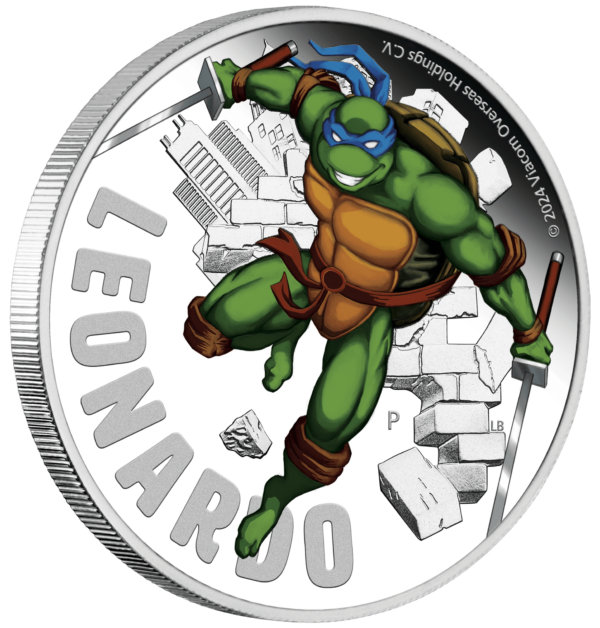 2024 $1 Leonardo – Teenage Mutant Ninja Turtles 1oz Silver Coloured Proof Coin - Tilted Reverse View