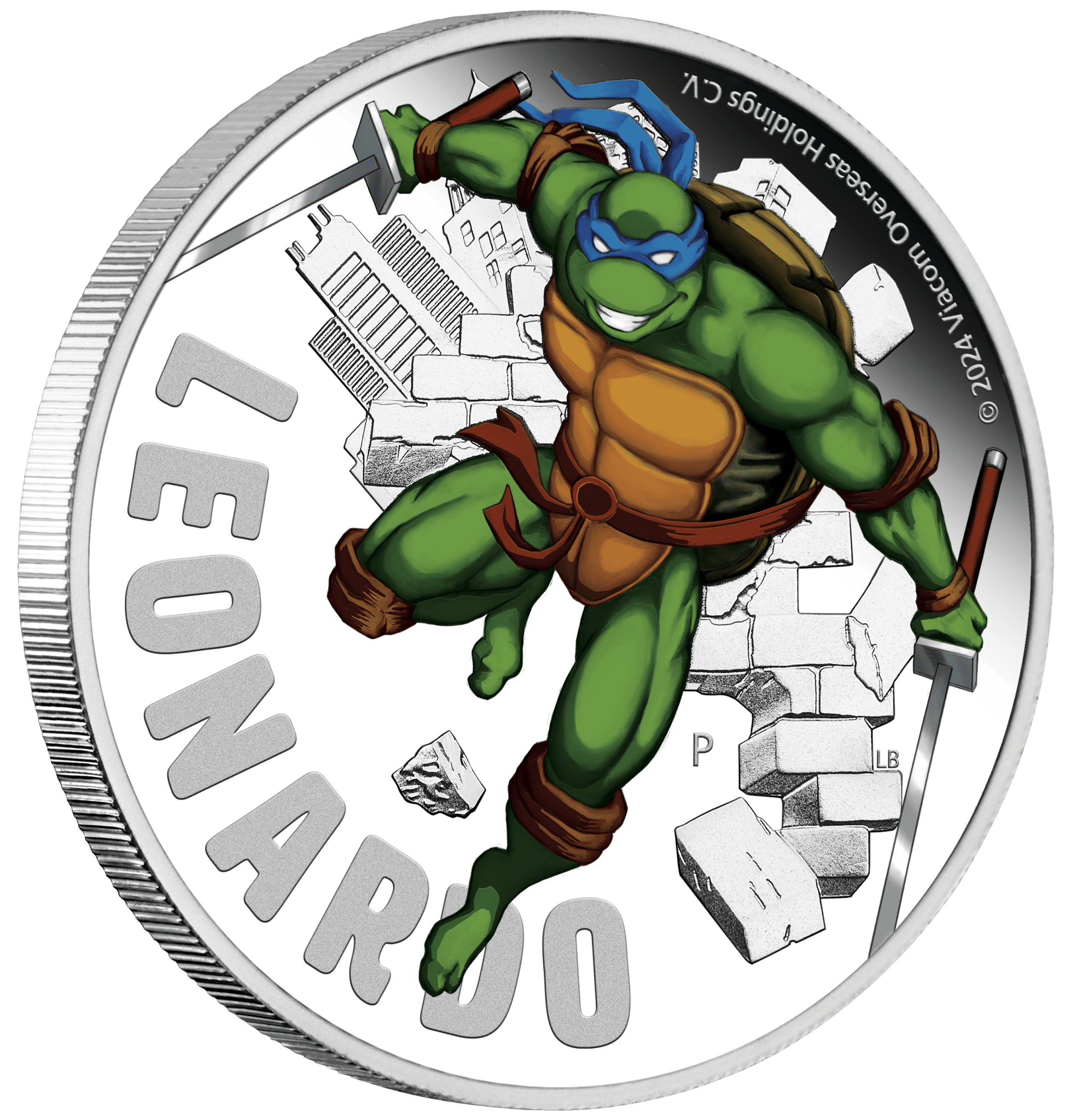 2024 $1 Leonardo – Teenage Mutant Ninja Turtles 1oz Silver Coloured Proof Coin - Tilted Reverse View