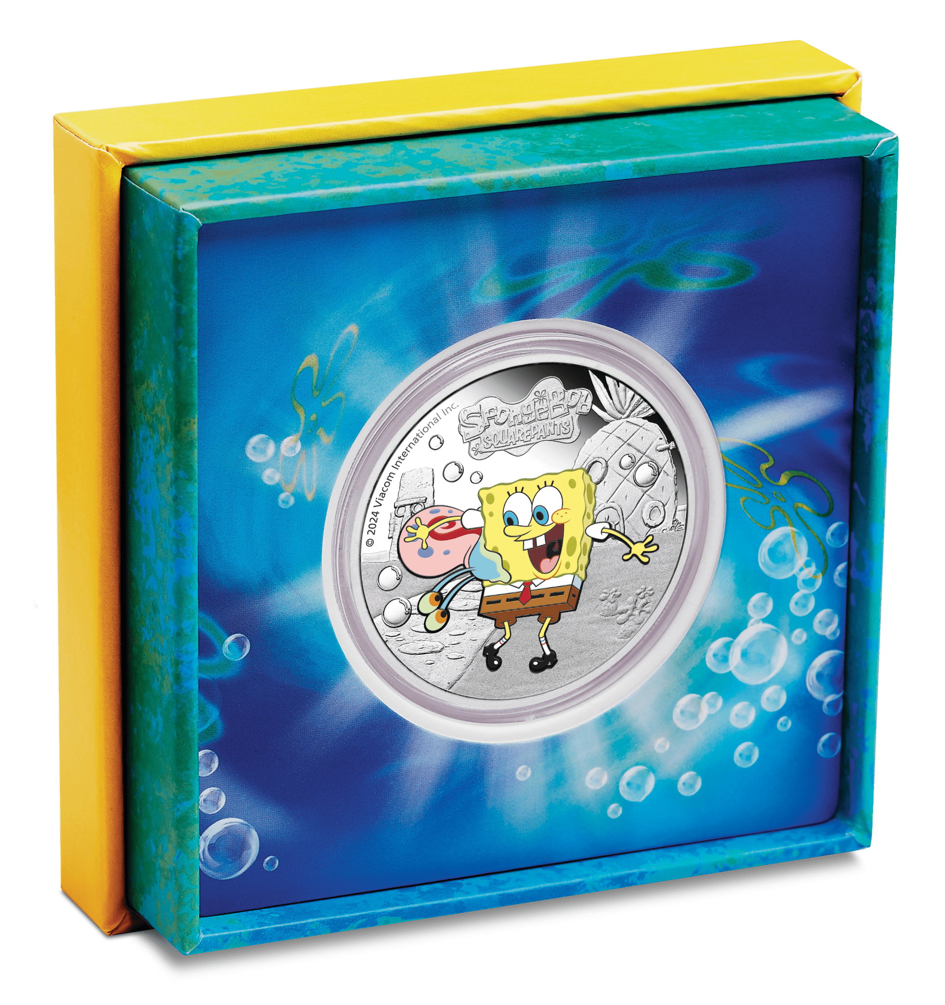 2024 $1 Spongebob & Gary - Spongebob Squarepants 1oz Silver Coloured Proof Coin - Cased View