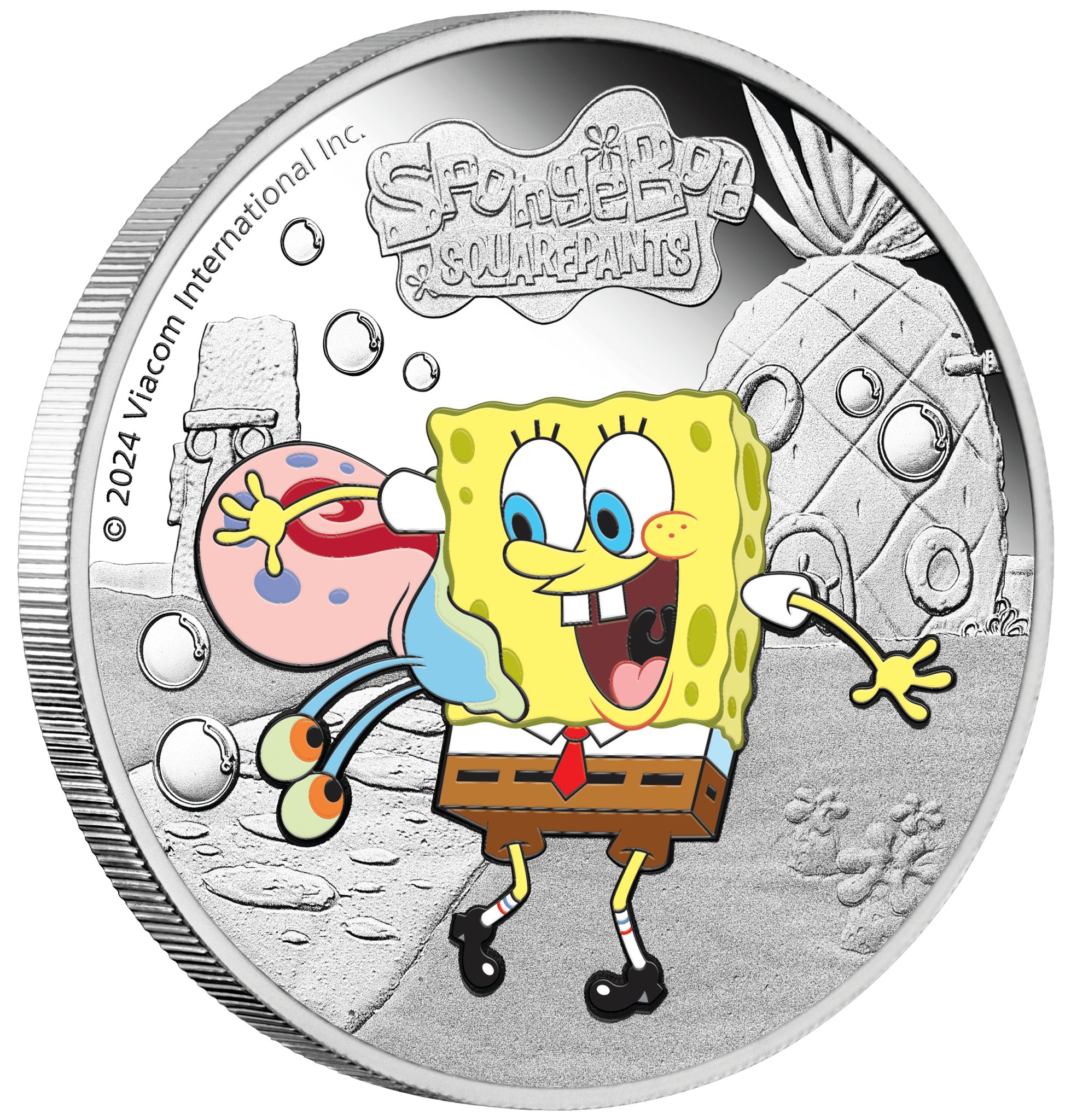 2024 $1 Spongebob & Gary - Spongebob Squarepants 1oz Silver Coloured Proof Coin - Tilted Reverse View