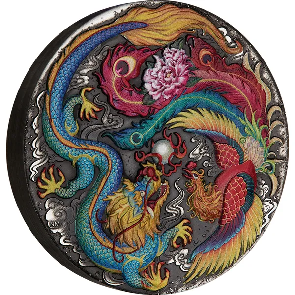 2024 $5 Dragon & Phoenix 5oz Silver Antiqued Coloured Coin - Reverse View