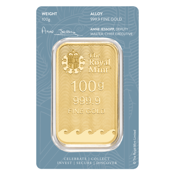 Britannia 100g Gold Cast Bar - Obverse Cased View