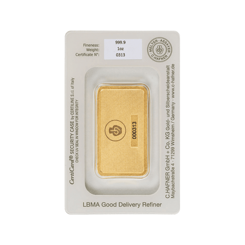 C. Hafner 1oz Gold Minted Bar - Obverse View