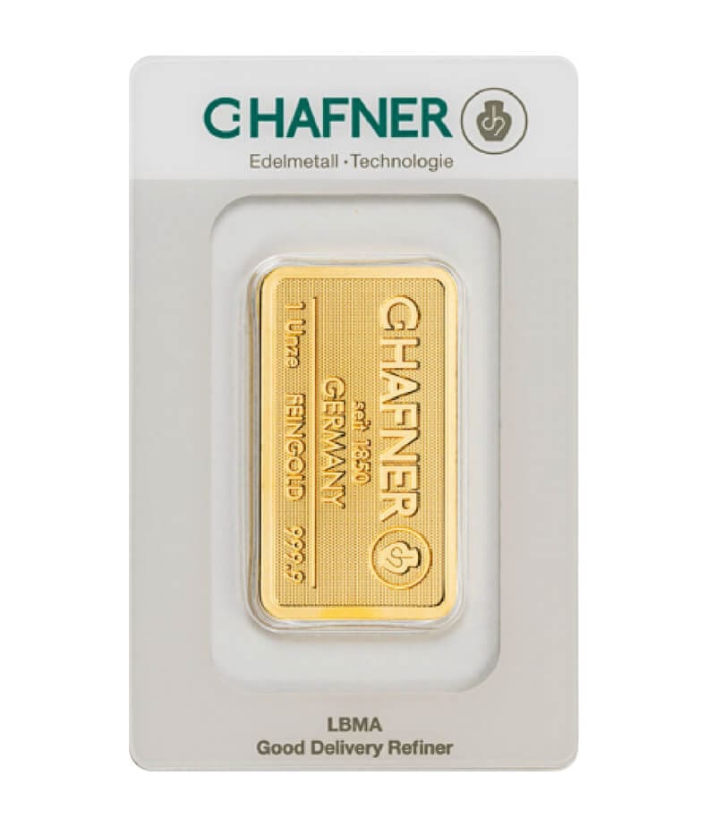 C. Hafner 1oz Gold Minted Bar - Reverse View