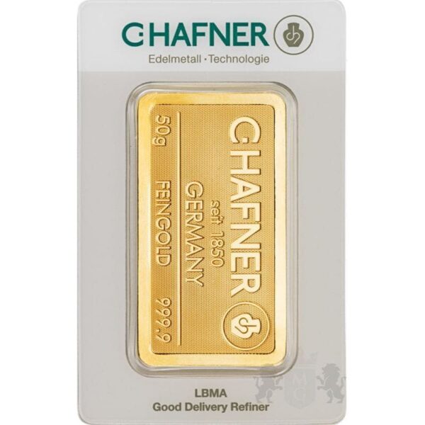 C. Hafner 50g Gold Minted Bar - Reverse View