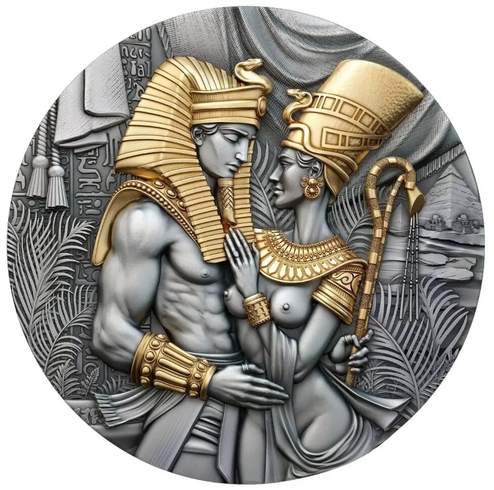 202 Amenhotep & Nefertiti - Ultra High Relief 2oz Gilded Silver Coin - Reverse View