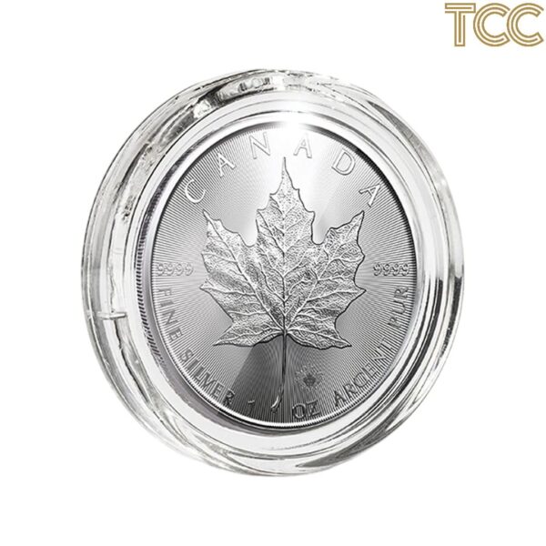 40 x Coin Capsules ULTRA Perfect Fit to Suit Maple Leaf 1oz Silver Coins - Showing Coin in Capsule