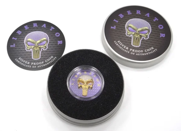 2021 The Liberator Gold & Violet Skull 1oz Silver Coloured Proof Coin - Image 3