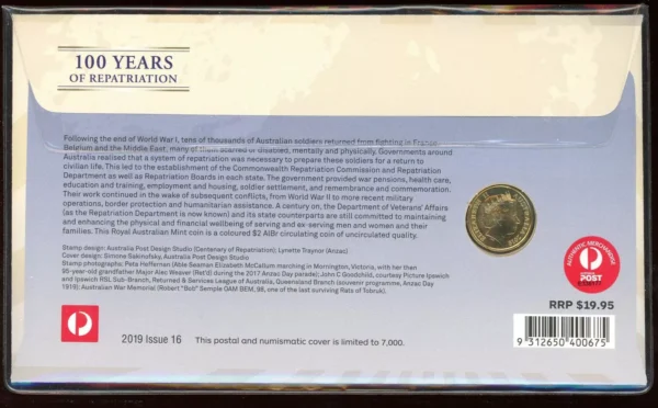 2019 $2 100 Years of Repatriation Australia PNC - Image 2