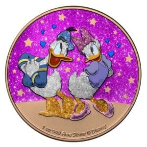 2021 $2 Donald and Daisy Duck Pink Diamond Dust Love Disney 1oz Silver Coin