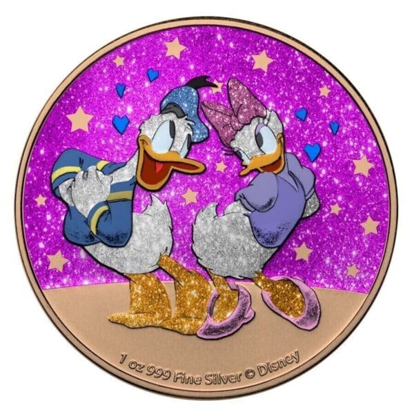 2021 $2 Donald and Daisy Duck Pink Diamond Dust Love Disney 1oz Silver Coin