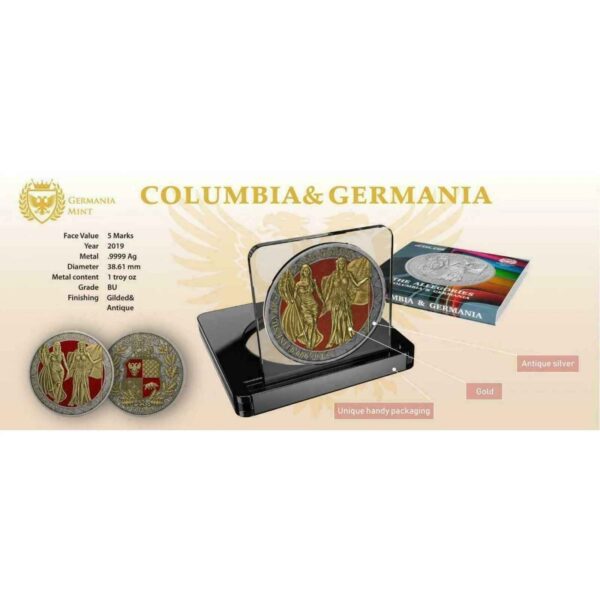 2019 5 Marks Allegories Germania & Columbia 1oz Silver Antiqued Red Coin - Image 3