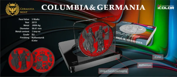 2019 5 Marks Allegories Germania & Columbia 1oz Silver Space Red Ruthenium Coin - Image 4