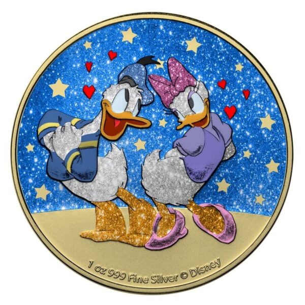 2021 $2 Donald and Daisy Duck Blue Diamond Dust Love Disney 1oz Silver Coin