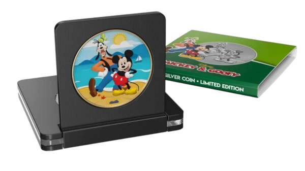 2021 $2 Mickey & Goofy Beach Disney 1oz Silver Coloured Gilded Coin - Image 2