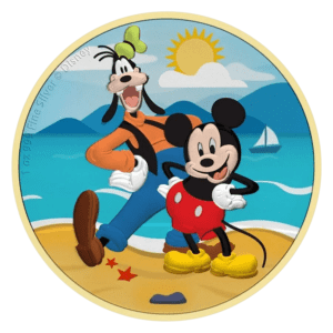 2021 $2 Mickey & Goofy Beach Disney 1oz Silver Coloured Gilded Coin