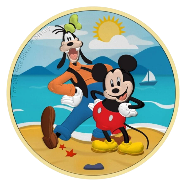 2021 $2 Mickey & Goofy Beach Disney 1oz Silver Coloured Gilded Coin