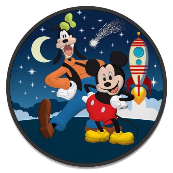 2021 $2 Mickey & Goofy Rocket Star Disney 1oz Silver Coloured Coin