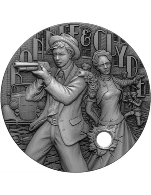 2022 $5 Bonnie & Clyde The Gangsters 2oz Silver Gilded Coin
