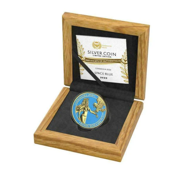 2020 5 Mark Lady Germania Space Blue & Gilded 1oz Silver Coin - Image 3