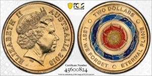 MS67 2018 $2 Eternal Flame Lest We Forget Coloured Australian Coin