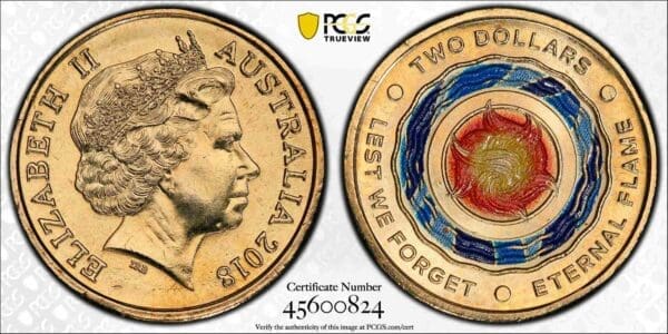 MS67 2018 $2 Eternal Flame Lest We Forget Coloured Australian Coin
