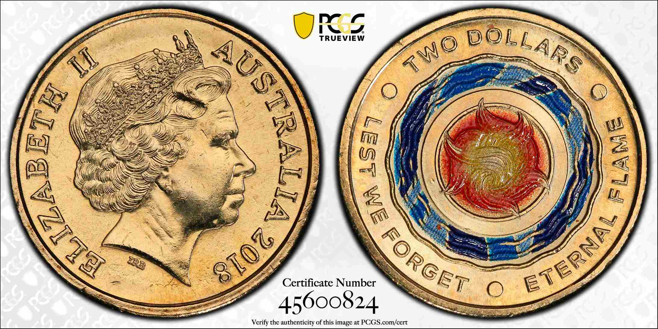 MS67 2018 $2 Eternal Flame Lest We Forget Coloured Australian Coin