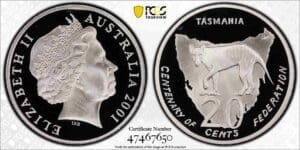 PR69DCAM 2001 20c Tasmania Centenary of Australian Federation Proof Coin