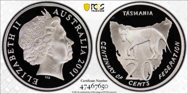 PR69DCAM 2001 20c Tasmania Centenary of Australian Federation Proof Coin