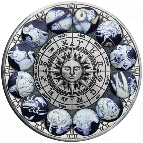 2022 $5 Signs of the Zodiac 5oz Silver Antiqued Coloured Proof Coin