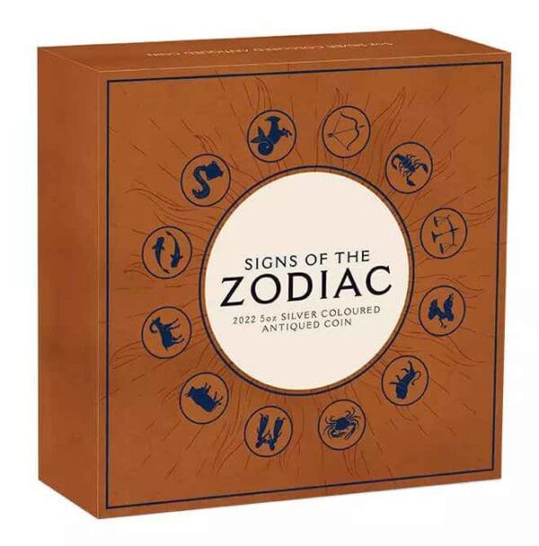 2022 $5 Signs of the Zodiac 5oz Silver Antiqued Coloured Proof Coin - Image 4