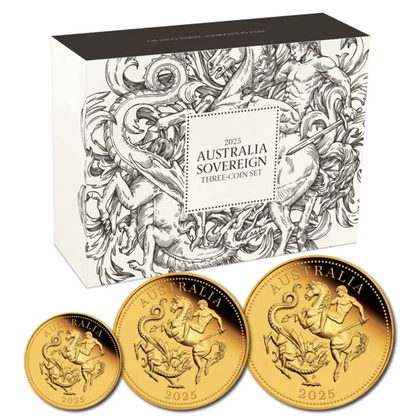 An overview of the Australian Gold Proof Sovereign set, showing the box and the 3 coins reverse side.