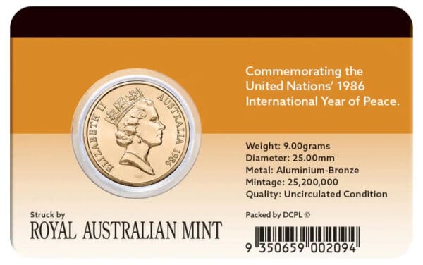 1986 $1 International Year of Peace Al-Br Pack UNC Coin - Image 2