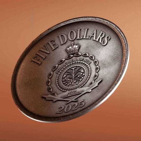 2025 $5 Ghisi Shield 2oz Silver Antiqued High Relief Niue Coin - Image 8