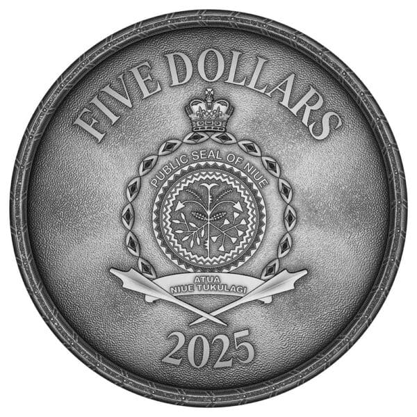 2025 $5 Ghisi Shield 2oz Silver Antiqued High Relief Niue Coin - Image 3