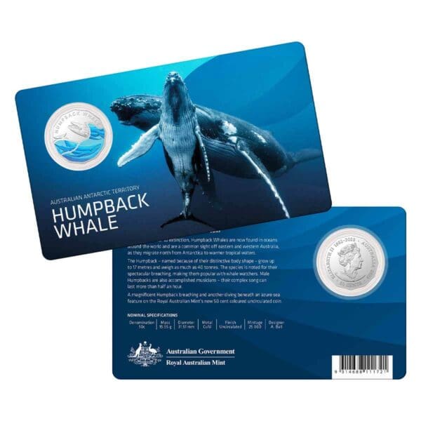 2023 50c Antarctic Territory - Humpback Whale Coloured Uncirculated Coin - Image 3
