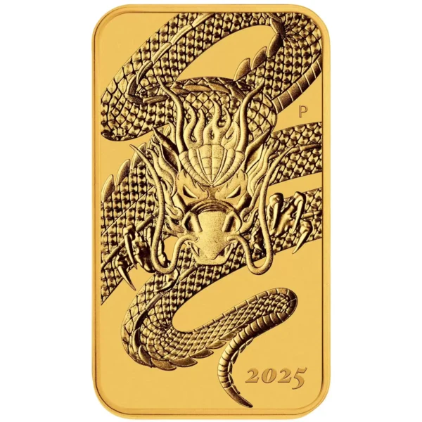 2025 Perth Mint Gold Dragon Rectangular Coin - reverse with oriental dragon
