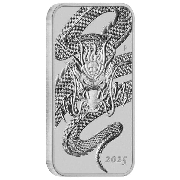 Angled view of 2025 Silver Dragon Rectangular Coin – Perth Mint 1oz bullion bar