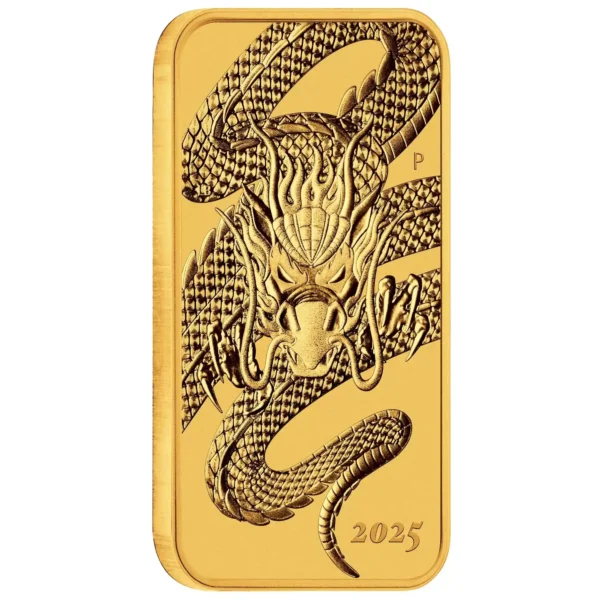 2025 Perth Mint Gold Dragon Rectangular Coin - tilted reverse view, showing the edge of the bar with oriental dragon