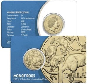 2015 $1 Melbourne ANDA 'M' Privymark Mob of Roos Carded Coin