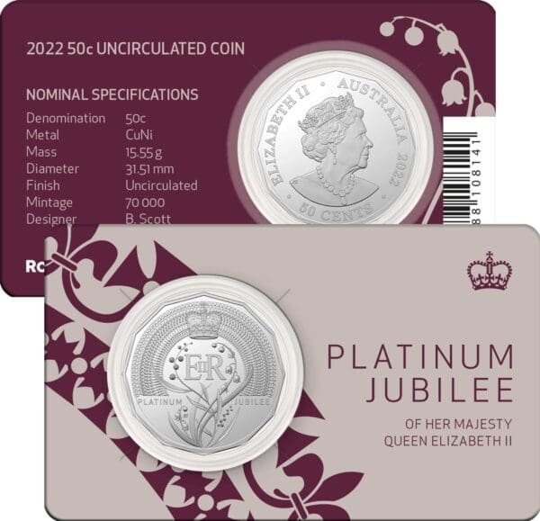 2022 50c QEII Platinum Jubilee Australian UNC Carded Coin - Image 2