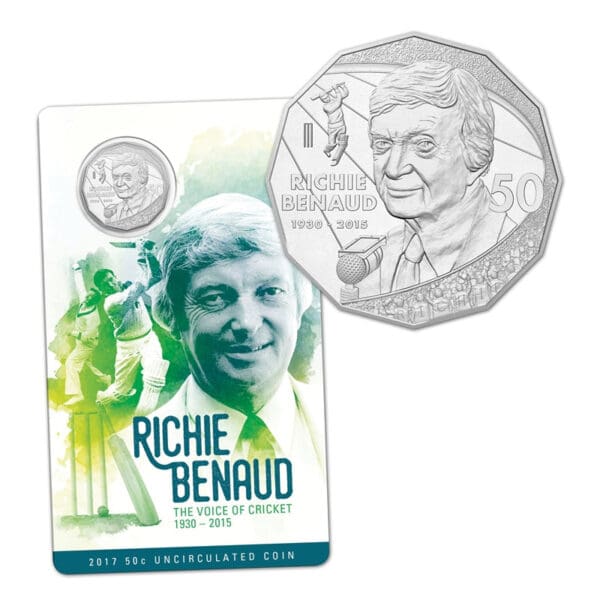 2017 50c Richie Benaud - The Voice of Cricket Carded Coin