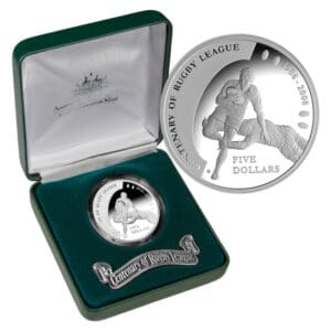 2008 $5 Rugby League 100th Silver Proof 36.31g Pure Silver - As New