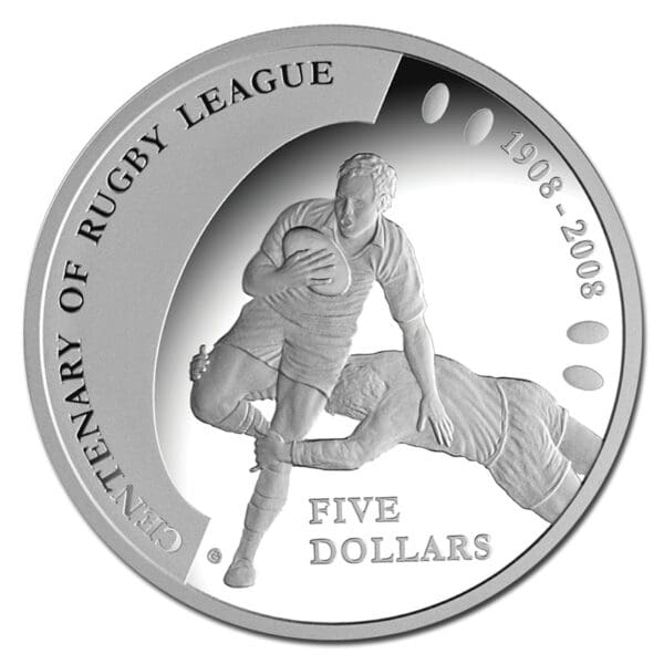 2008 $5 Rugby League 100th Silver Proof 36.31g Pure Silver - As New - Image 2