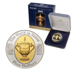 2003 $5 Rugby World Cup Silver Gilded Proof Coin - Good Box