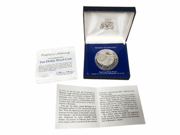 1974 $10 Barbados Neptune Sterling Silver Proof Coin - Image 2